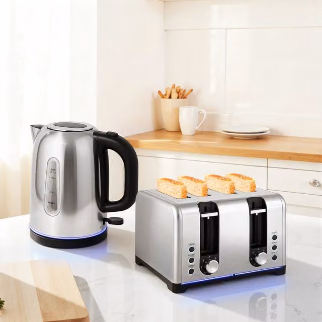 HOMCOM Silver Stainless Steel Kettle and Toaster Set with 3000W Rapid Boil
