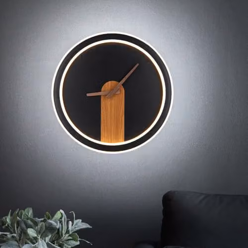 Globo Lighting Sussy LED Wall Clock Lamp in Matt Black and Wood, Warm White 3000K, D 31 cm – 2