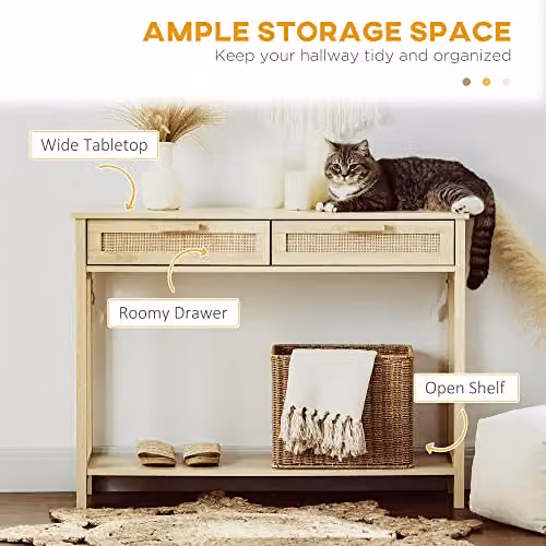 HOMCOM Boho Natural and Beige Console Table with Storage Shelf and Drawer for Hallway, Living Room or Bedroom, W: 100 cm, D: 30 cm, H: 76 cm – 3
