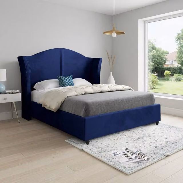KDMD Yorkley Curved Winged Upholstered Designer Bed Frame in Blue Soft Velvet, W/D/H: 144 x 137 x 200 cm