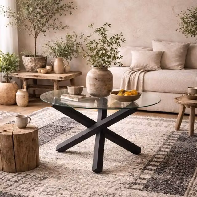 Wyld Haus Sansa Round Glass Dining Table with Black Metal Base, 4 Seater – 1