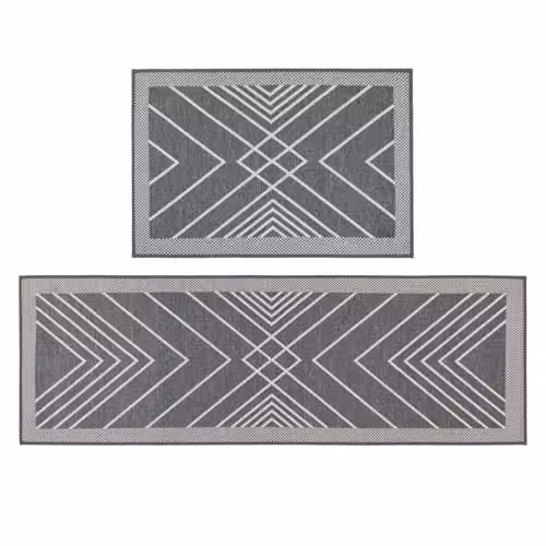 JVL Expression Machine Washable Striped Entrance Doormat and Runner Set in Grey and White