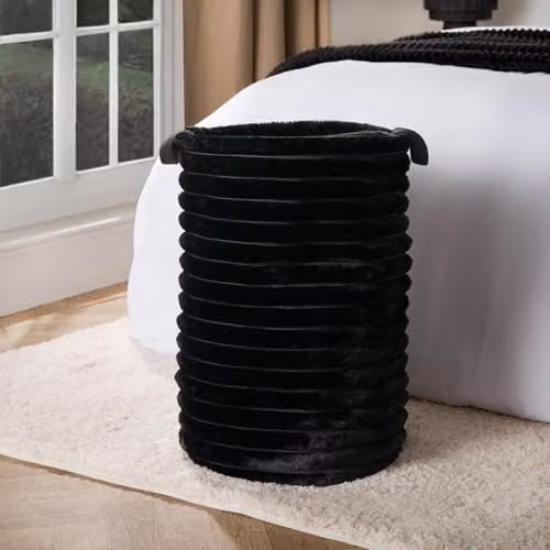 OHS Collapsible Faux Fur Ribbed Laundry Basket with Handles, Black, W/D/H: 36 x 36 x 55 cm