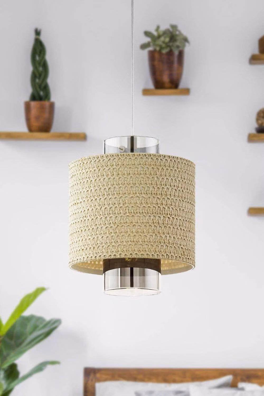 Eglo Mediouna Boho Glass and Rattan Cylinder Ceiling Pendant Light in Brown, Beige and Gold/Brass – 2