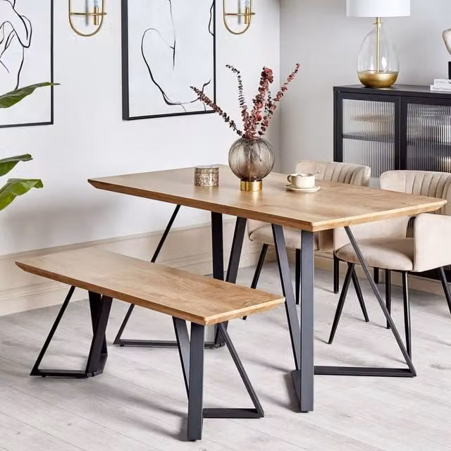 Wyld Haus Scandinavian Nordic Dining Bench with Brown MDF Top and Black Metal Legs