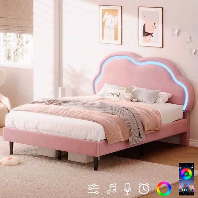 Rolipo Double Pink Velvet Bed Frame with LED Cloud Headboard, W/D/H: 140 x 200 cm