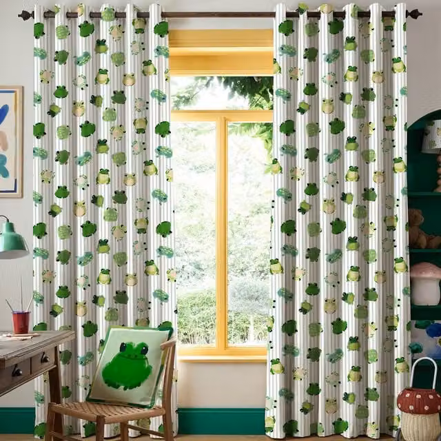 Wee Blue Bell Little Frogs Made To Measure Blackout Eyelet Curtains in Green, Yellow and White