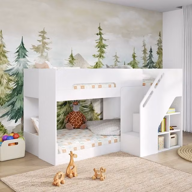 Flair Phobo Modern Childrens Low Bunk Bed with Stairs and Side Compartments, White