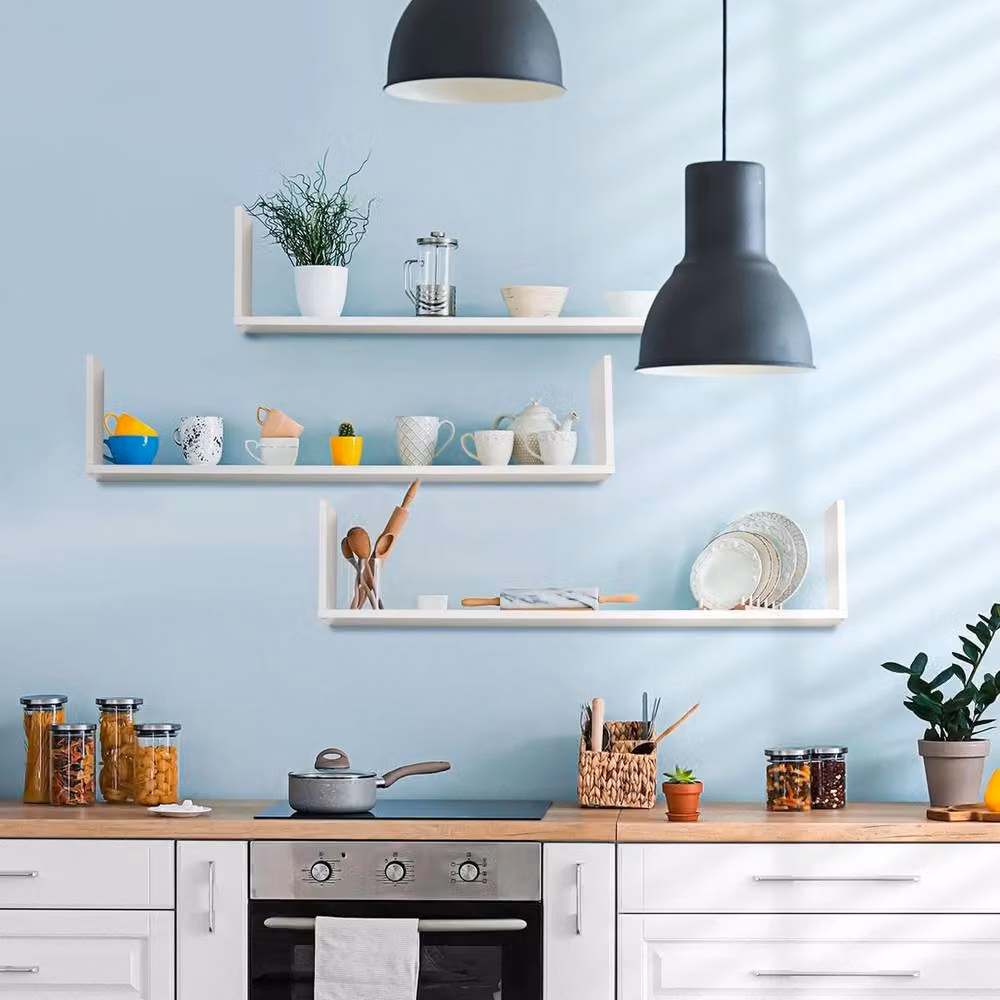 NESTLUNE Set of 3 White Wooden Floating Wall Shelves, W: 100 cm, D: 15 cm – 2