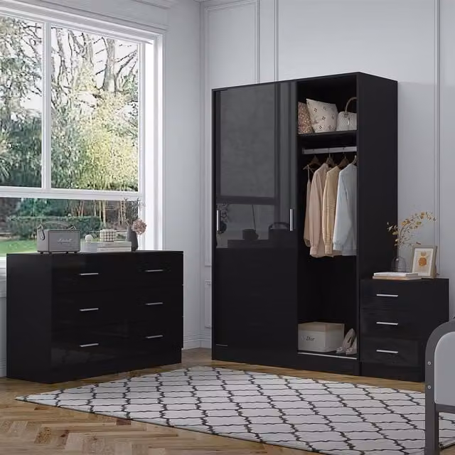 REFLECT Bedroom Furniture Bundle including Sliding Wardrobe, Wide Chest and Bedside Table in Black Gloss and Matt Black