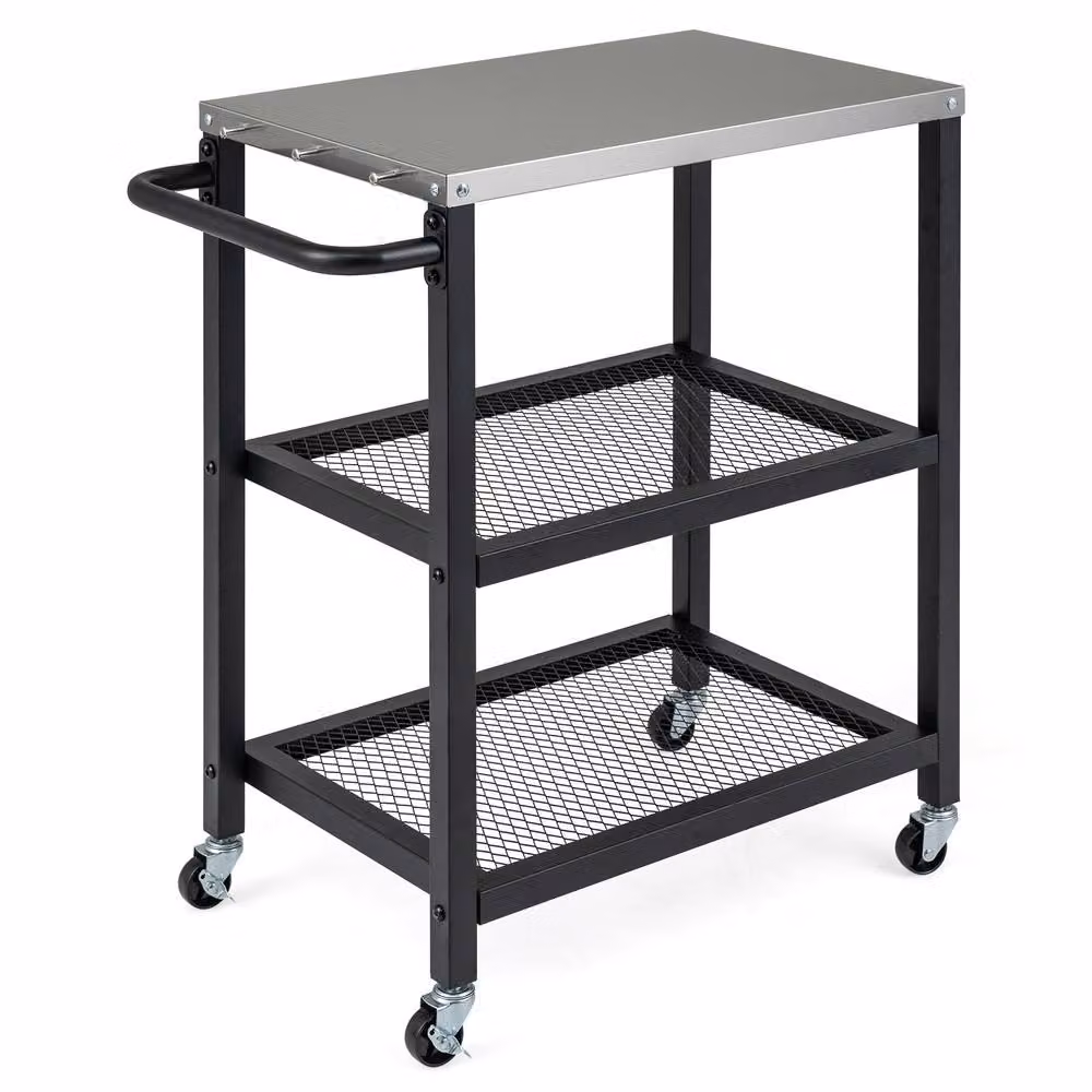 Costway 3-Tier Rolling Metal Kitchen and Garden Utility Cart with 6 Hanging Posts in Black – 10
