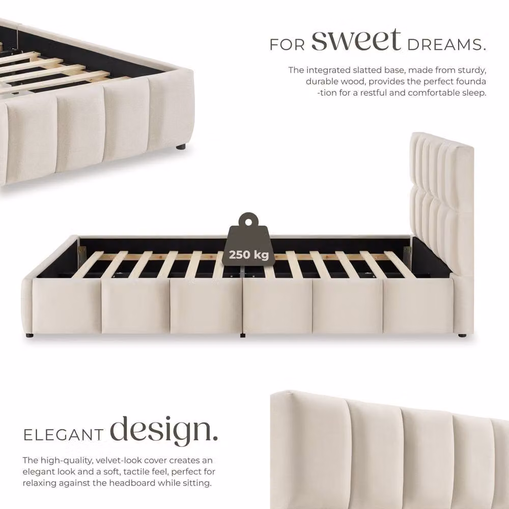 tectake Shirley Upholstered Bed with Slatted Frame and Lift Up Base in Sand, W/D/H: 140 x 200 x 93 cm – 3