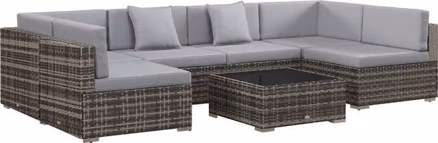 Outsunny 7 Piece PE Rattan Garden Furniture Set in Mixed Grey with L-Shape Corner Sofa, Glass Coffee Table and Padded Cushions – 1