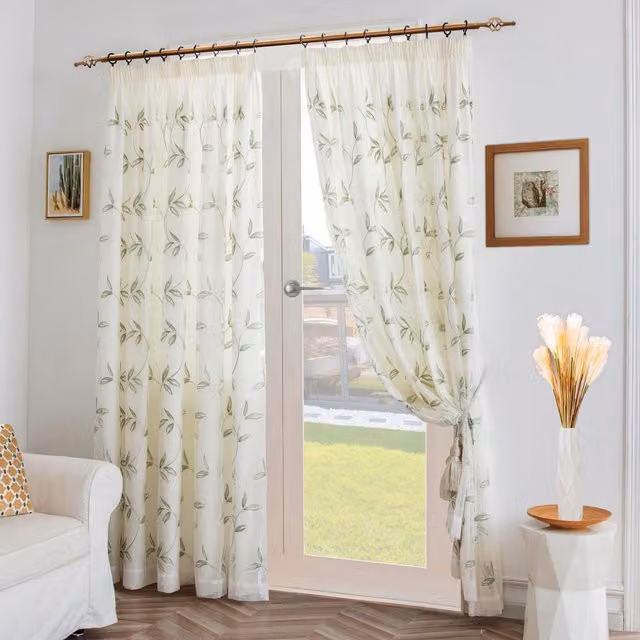 Luxury Living Green and White Leaf Embroidered Tulle Voile Pencil Pleat Curtains, Width: 147 cm, Drop: 137 cm
