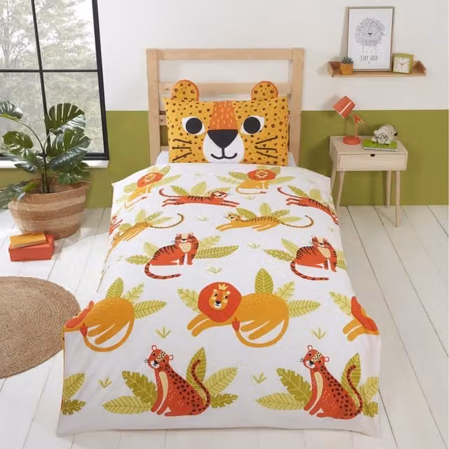 Rapport Home Wild Cats Reversible Polycotton Duvet Cover and Pillowcase Set, Multicolour, W: 90 cm, L: 200 cm