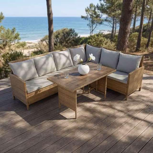 Home Garden Direct Alia Brown Rattan 6 Seater Outdoor Corner Dining Sofa Set