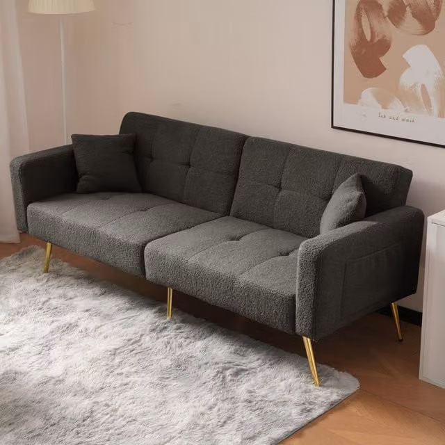 Matteo Modern Grey Bouclé Click Clack Sofa Bed with Adjustable Headrest and Gold Metal Details
