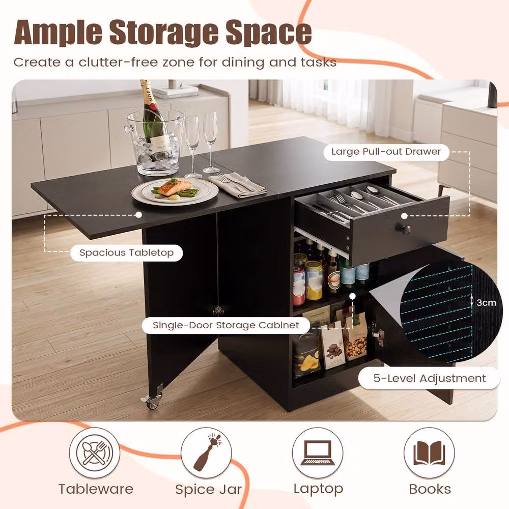 Costway Modern Black Folding Dining Table with Butterfly Drop Leaf and Drawer – 6