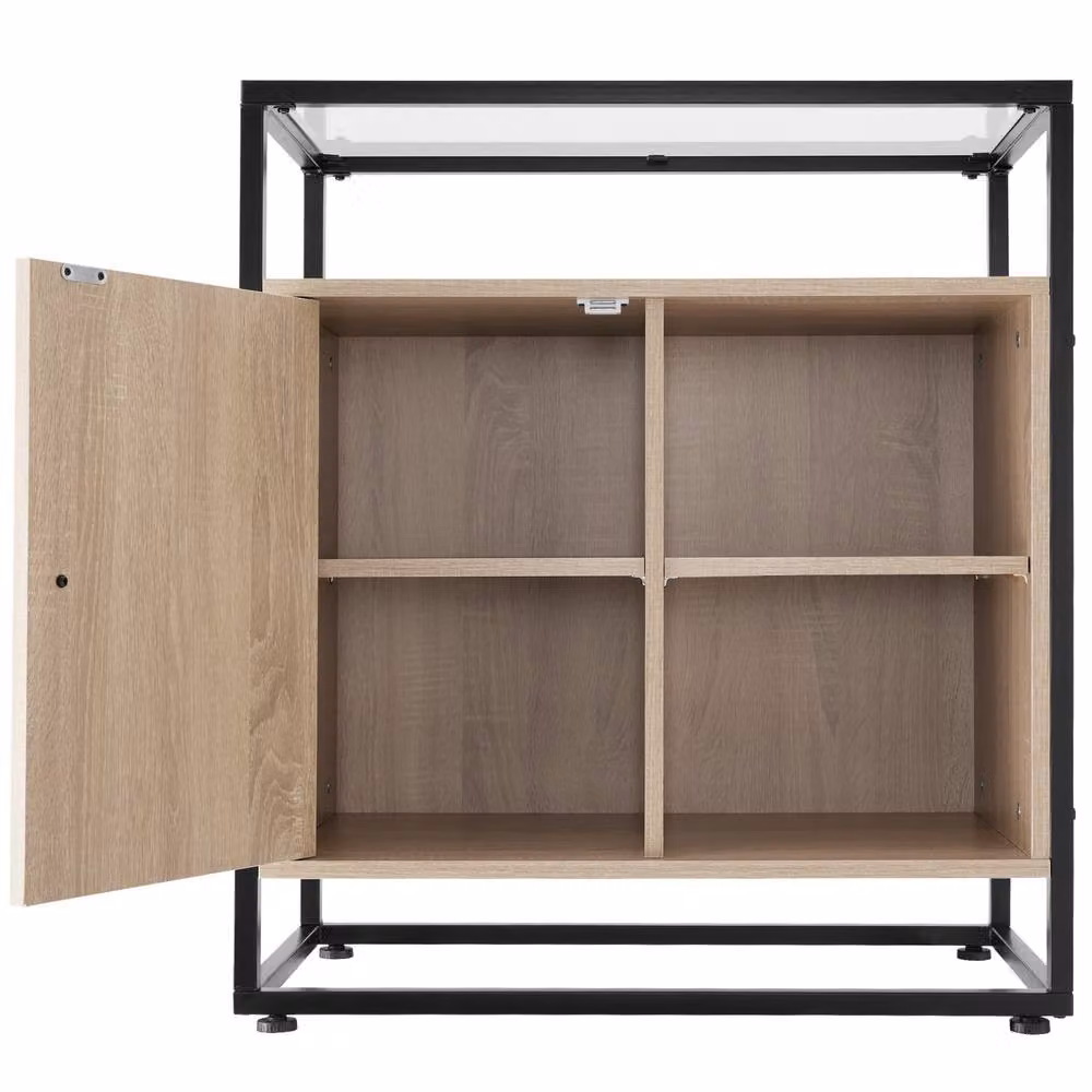 tectake Coventry Sideboard in Light Oak with Glass Tabletop and Open Shelves – 8