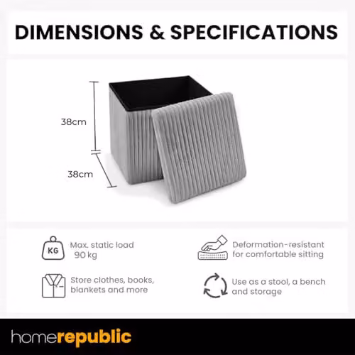 Home Republic Grey Corduroy Foldable Storage Ottoman, W/D/H: 38 x 38 x 38 cm – 3