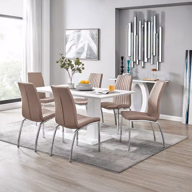 FurnitureboxUK Imperia High Gloss Rectangular Dining Table and 6 Isco Faux Leather Chairs Set in Brown