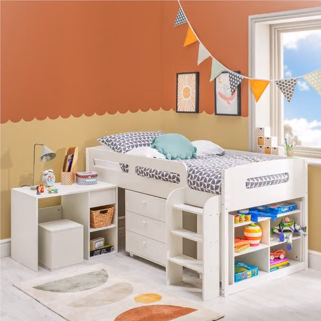 Home Treats 4-in-1 White Mid Sleeper Cabin Bed Frame Set with Stairs, Drawers and Bedside Shelf in Solid Pine Wood