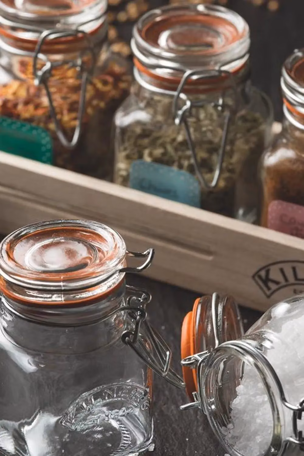 Kilner Set of 6 Transparent Green Glass Cliptop Jars with Wooden Rack, 70ml – 3