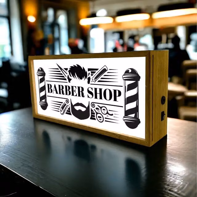 Echo Three Vintage LED Barber Shop Light Box Sign, Brown and White Wood Wall Decor