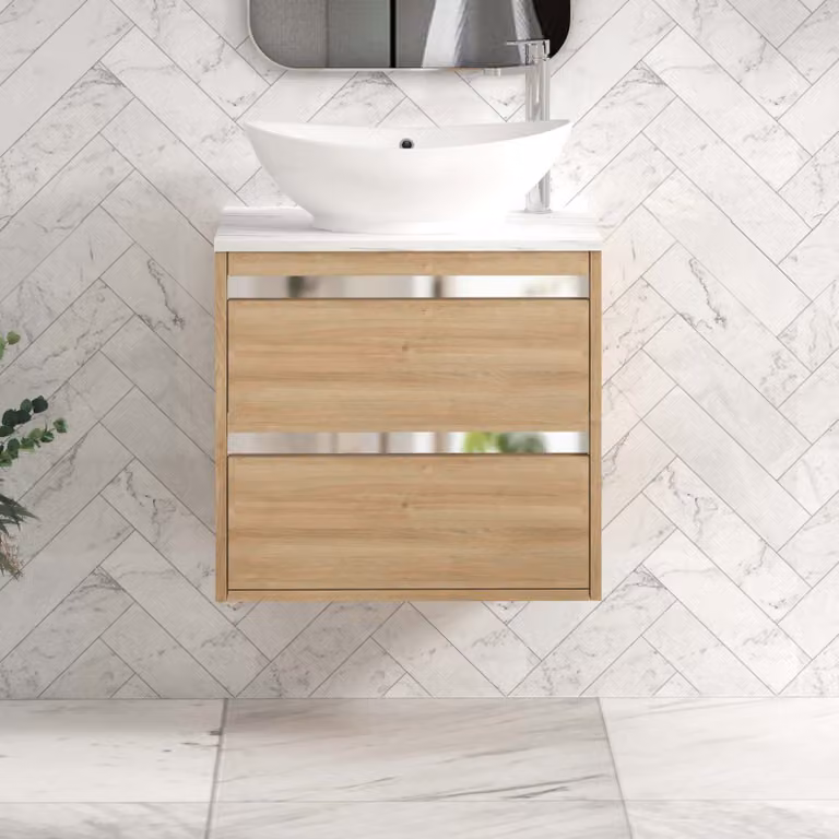 Royal Bathrooms Orion 800mm Natural Oak Wall Hung 2 Drawer Vanity Unit with Amaze Basin and Chrome Accent Trim