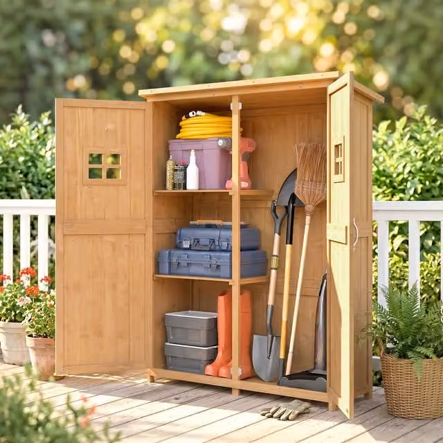 OUTSUNNY Wooden Garden Tool Storage Cabinet with Double Doors and Internal Shelves, Sand/Brown, W/D/H: 119.0 x 44.0 x 164.0 cm – 1