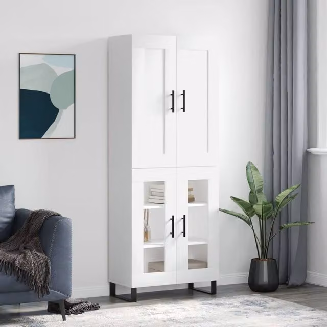 Berkfield Home Modern White Highboard with Glass Hinged Doors, W/D/H: 69.5 x 34 x 180 cm – 1