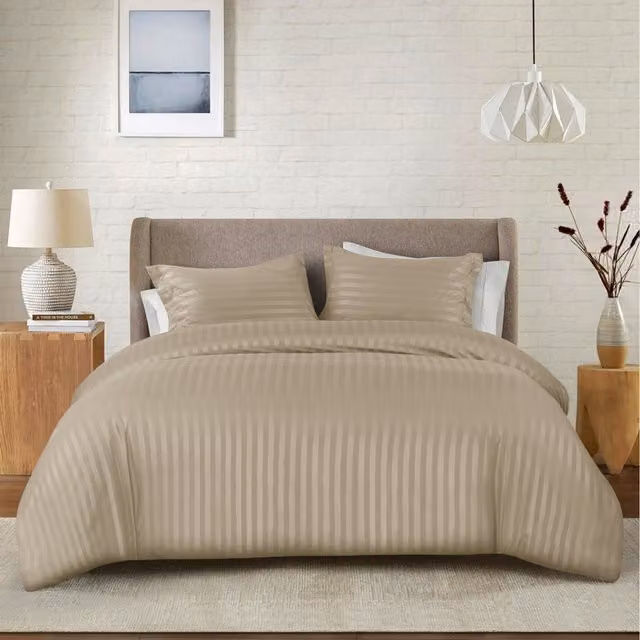 Cotton Passion Microfibre Striped Duvet Cover and Pillowcase Set in Beige and Brown, W/D/H: 200 x 200 cm