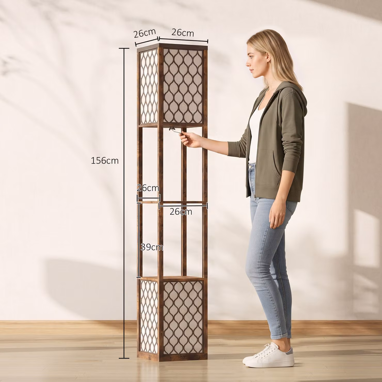 HOMCOM Modern Tall Floor Lamp with Shelves and Fabric Lampshades in Rustic Brown – 3