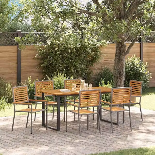 Berkfield Home Garden 7 Piece Modern Grey Solid Acacia Wood Dining Set – 1