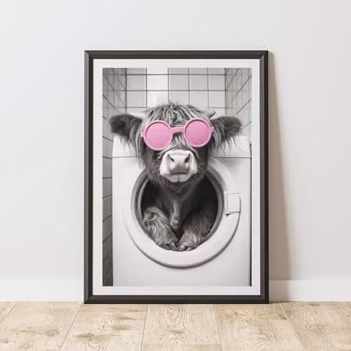 60 Second Makeover Highland Cow In Tumble Drier Illustration Wall Art, Multicolour, W: 21.0 cm, H: 29.7 cm