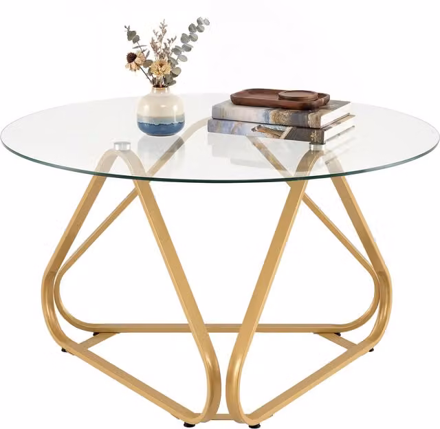 Costway Minimalist Geometric Accent Table with Gold Metal Sled Base and Transparent Round Glass Top