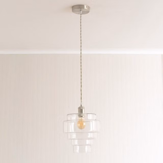 ValueLights Lane 5 Tier Layered Glass Pendant Ceiling Light with LED Bulb in Brushed Chrome and Clear Glass