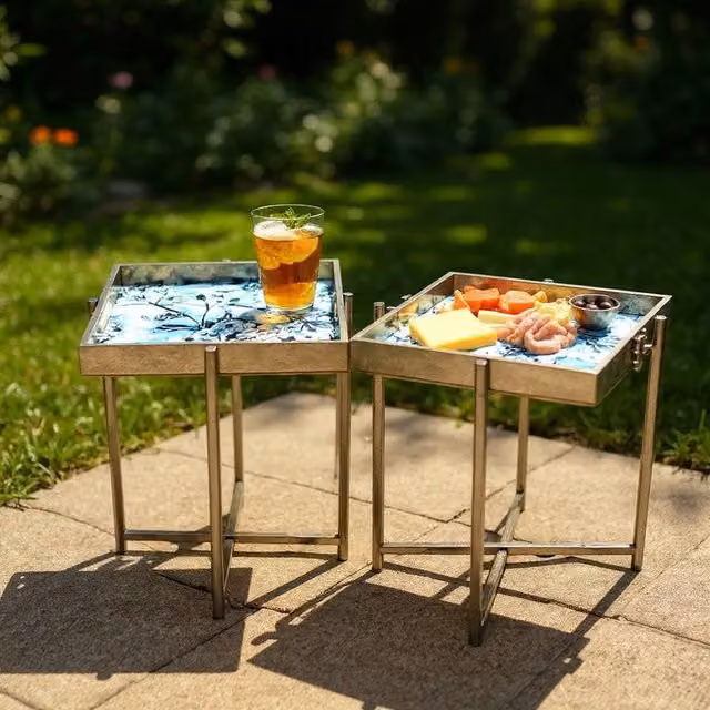 Minster Stylish Living Ltd Set of 2 Square Marble-Effect Tray Top Tables with Gold Metal Frames – 1
