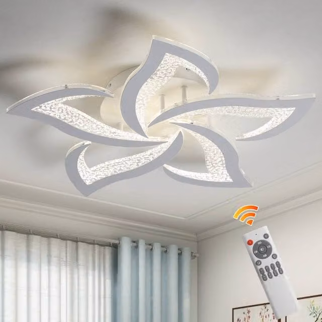 NIVOR 5-Light 48W Dimmable LED Flower Flush Mount Ceiling Lamp with Remote Control in White – 1