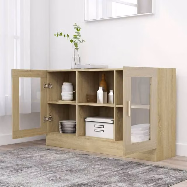 Berkfield Home Vitrine Cabinet in Sonoma Oak and Light Beige with Glass Doors, W/D/H: 120 x 30.5 x 70 cm – 1