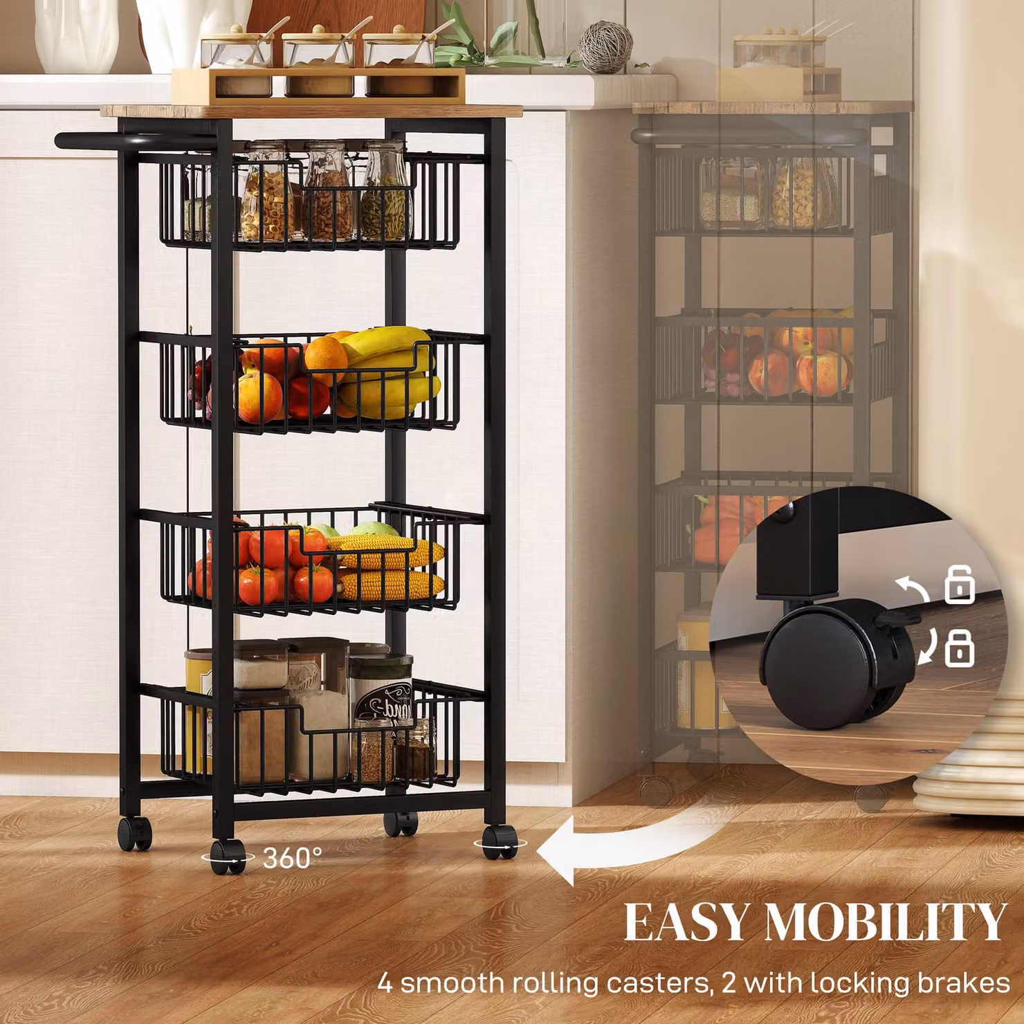 HOMCOM Mobile Kitchen Island Storage Cart with 4 Baskets and Brakes in Oak and Black Finish – 4