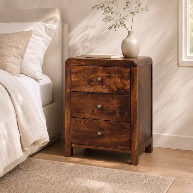 STILVORA Mango Wood Bedside Table with 3 Drawers in Brown