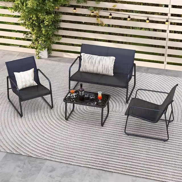 Costway 4-Piece Black Garden Furniture Set with Upholstered 2-Seater Sofa, 2 Armchairs and Coffee Table