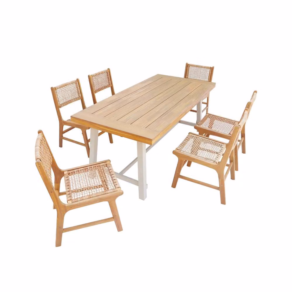 sweeek Indoor and Outdoor Dining Set with Acacia Wood and Metal Table and 6 Beige Woven Resin Seats – 2