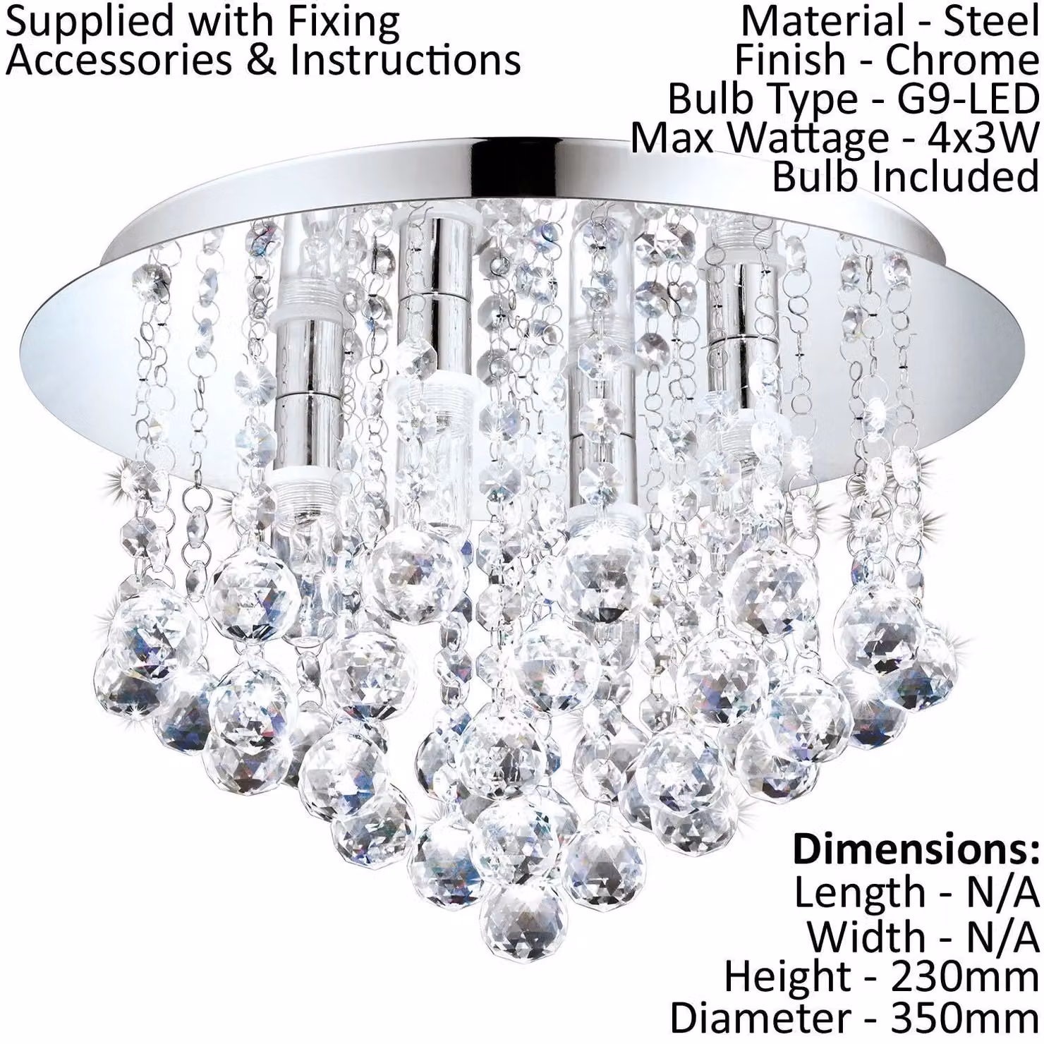 Loops Chrome and Crystal IP44 Bathroom Lighting Set Including Low Ceiling Light and 2x Matching Wall Lights – 1