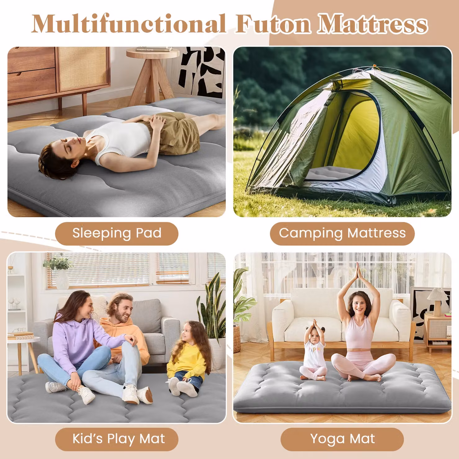 Gymax Double Size Grey Roll Up Floor Mattress and Tatami Mat with Carry Bag, W: 140 cm, L: 200 cm – 4