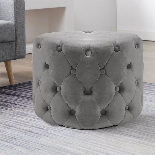 Livingandhome Grey Velvet Chesterfield Cylindrical Footstool
