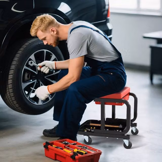 Costway Rolling Workshop Creeper Seat Padded Mechanic Stool with Drawer and Shelf in Red and Multicolour – 1