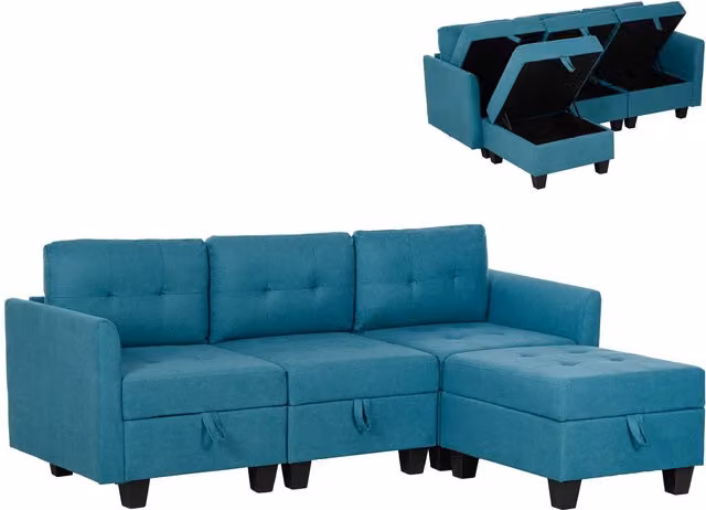 HOMCOM Reversible L-Shaped Modular Sectional Sofa with Storage and Ottoman, Blue Fabric 3 Seater Sofa with Sleeping Function and Solid Wood Frame, W/D/H: 213.0 x 158.0 x 85.0 cm – 8