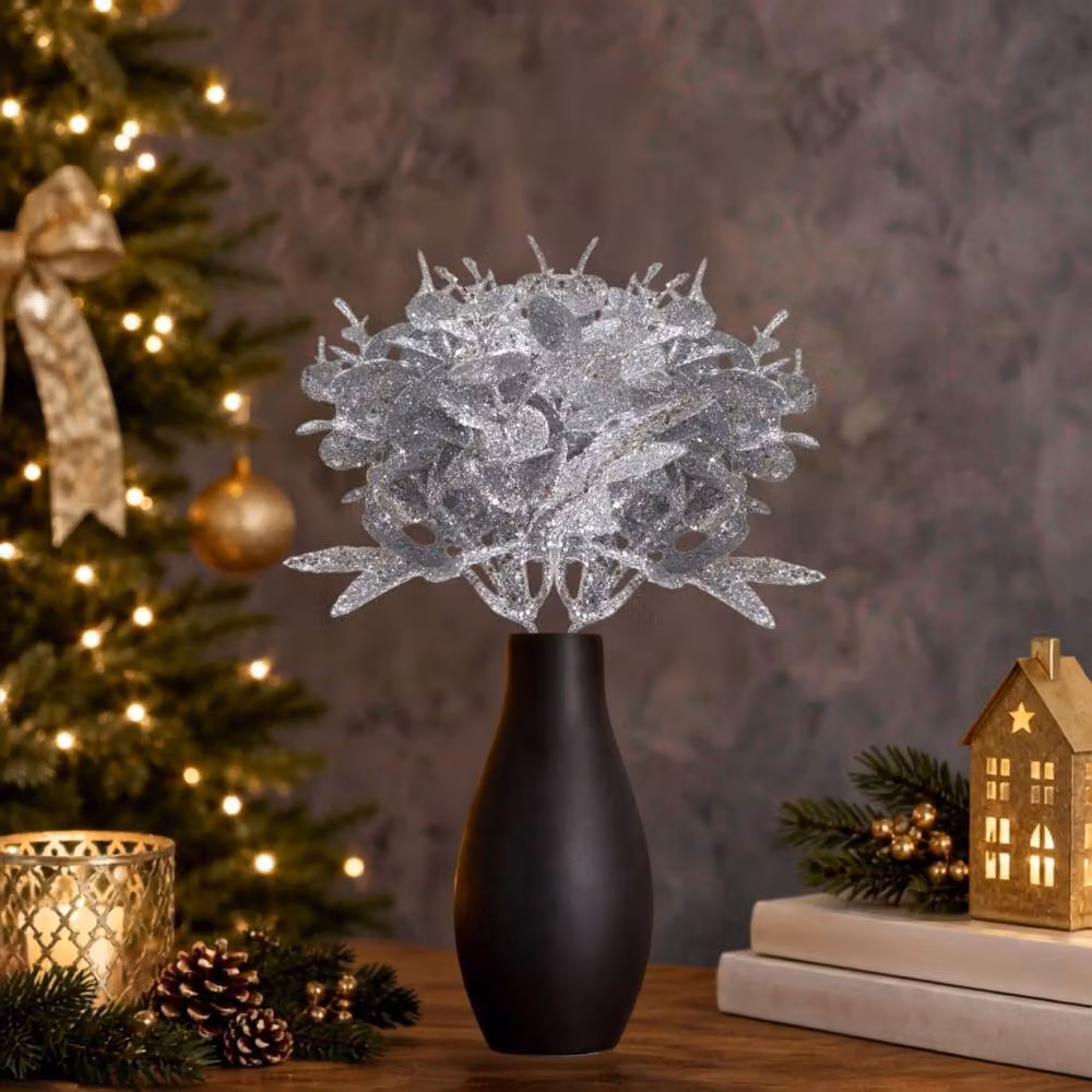 Shatchi Silver Glitter Eucalyptus and Maple Leaf Pick, 6 Pack, Height: 17 cm – 2